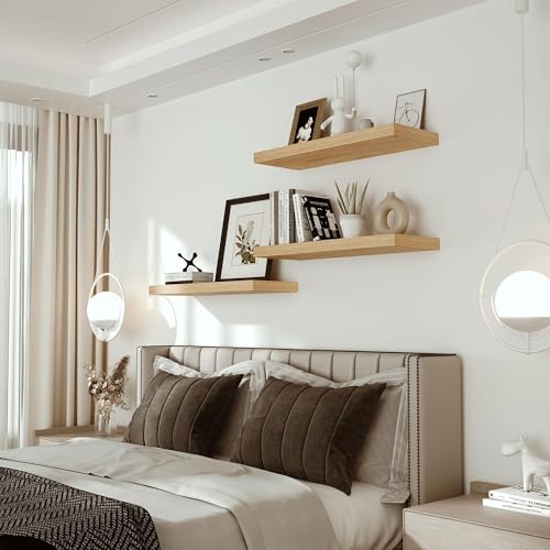 Vivelove Floating Shelves 24 inchs Long, Bathroom Shelves Over Toilet 9.1” Deep, Wall Mounted Wall Shelves for Bedroom, Living Room, Kitchen, Office, Rustic Home Decor, Oak, Set of 2 - color: Oak, size: 24”Wx9.1”Dx1.6”H