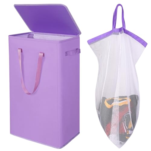 Odonata 75L Slim Laundry Hamper with Lid,Large Foldable Laundry Basket with Removable Bag and Handles Tall Collapsible Dirty Clothes Basket Great for Bedroom, Bathroom, Dorm, College,RV.(Purple, 75L) - color: Purple