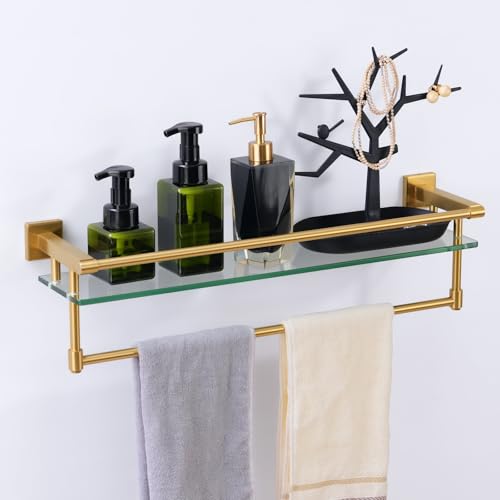 Bathroom Glass Shelf with Towel Bar/Rack 24 inches Wall-Mounted Shelves Tempered Glass Sink Toilet Organizer Shower Towel Decorative Storage (Polished Gold Finish) - color: Brushed Gold, size: 24-inch with Railing