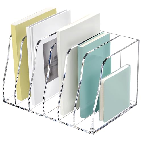 SANRUI Acrylic Magazine File Holder, 6 Vertical Compartments Desk Document Sorter Organizer, Clear Folder Rack Binder Bookstore Workspace Sorters for Office Accessories Organization Storage - style: 6 Slot B5 File Rack