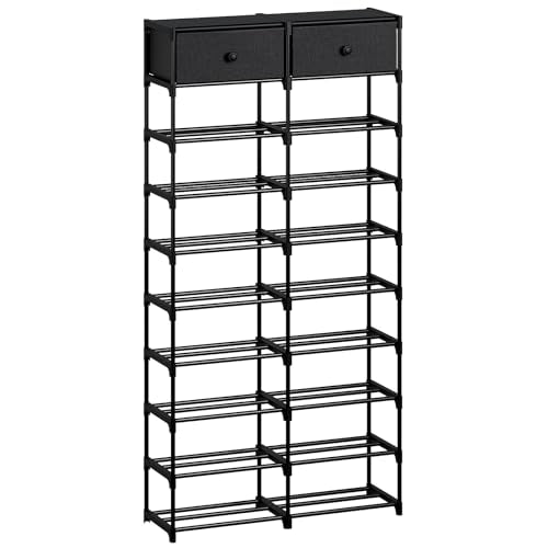 Tall Shoe Rack, 10 Tier Shoe Rack Organizer with 2 Large Drawers, Shoe Storage for 36-40 Pairs, Sturdy Metal Shoe Shelf Shoe Stand for Closet Entryway, Black Grey - color: Black Grey, size: 10 Tier