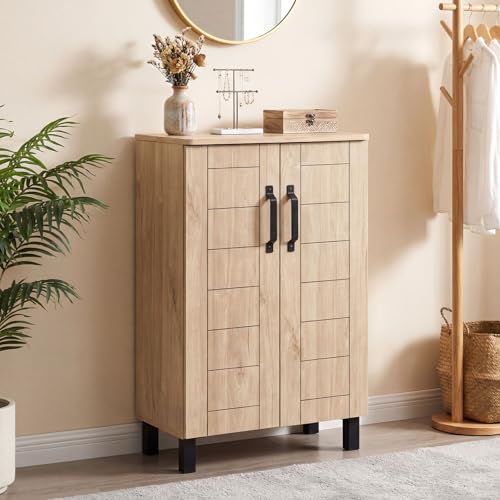 Giantex 5-Tier Shoe Storage Cabinet, Freestanding Wooden Entryway Cabinet w/Storage, 2 Doors, Removable Shelves, Shoes Rack Organizer w/Ventilation Hole for Hallway Closet Living Room (Natural Oak) - color: Natural Oak
