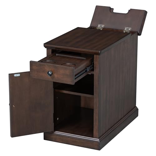 Multifunctional Classic Vintage End Table with USB Ports and 1 Drawer with Cup Holders, Sofa Side Narrow Table with Storage, Bedside Nightstand for Living Room Bedroom (Antique Espresso-4.3) - color: Antique Espresso-4.3