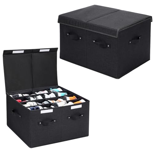 2 Pack Shoe Organizer for Closet, Foldable Shoe Storage Box with Adjustable Dividers, Large Space Saving Shoe Storage Container Fits up to 16 Pairs with Reinforced Handles (Black) - color: Black