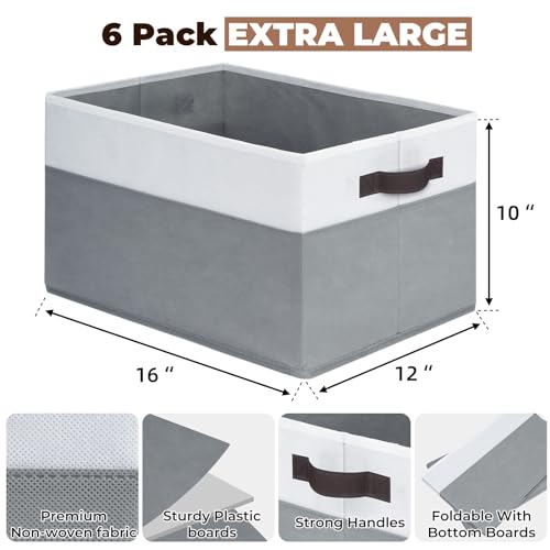 Criusia 6 Pack Clothes Bins for Organization - 16x12 Extra Large Storage Baskets for Shelves Closet Bedroom - Toy Storage Organizer Bins Boxes Cubes for Nursery - RV Apartment Essentials - color: White with Grey, size: 6pcs - Rectangular 16"x12"