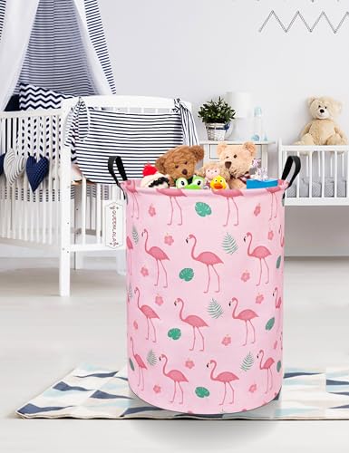 QUEENLALA Large Storage Basket,Laundry Hamper/Bathroom/Home Decor/Collapsible Round Storage Bin,Boys and Girls Hamper/Boxes/Clothing(Round-Pink Flamingo) - color: Round-Pink Flamingo