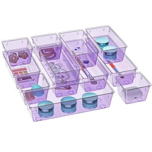 WOWBOX 12 Pack Clear Drawer Organizer Set, Acrylic Drawer Storage Trays, Storage Bins for Makeup, Cosmetics, Jewelries, Utensils, Gadgets, Office, Purple - color: Purple, size: 12 PCS