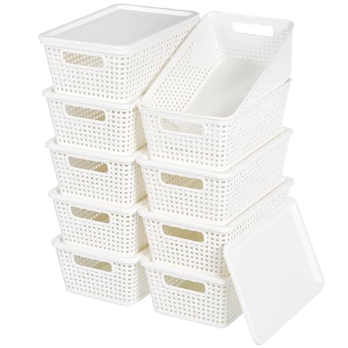 Plastic Storage Baskets With Lid, Storage Bins for Organizing, Stackable Decorative Containers for Shelves Drawers Desktop Closet Playroom Classroom Office, 10 Pack-White - color: White, size: 10 Pack