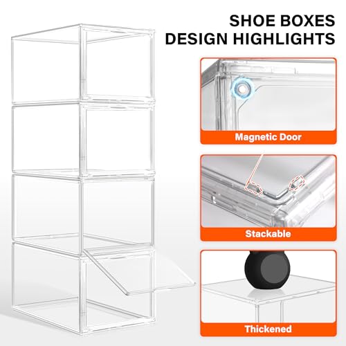 2 Pack Drop Front Shoe Boxes Fit US Size 13, Acrylic Shoe Organizer Clear Stackable Sneaker Sotrage Box for Entryway, Home, Underbed, Multiple Display Cases for Cosmetic, Hats, Figures, Sneakers - size: Large Size 13-14