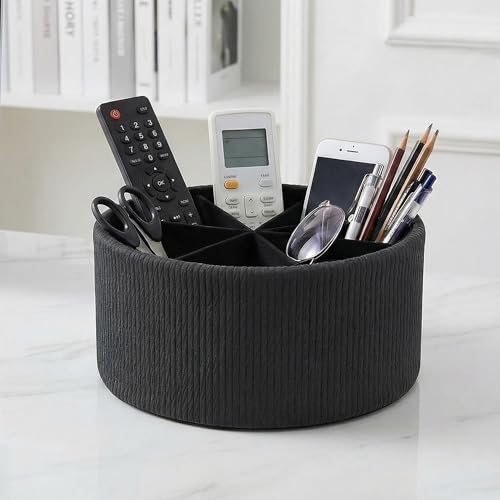 Remote Control Holder, 360°Spinning PU Leather Desk TV Remote Caddy,Desk Storage Box Room Accessories for Controller, Media,Mail,Calculator, Mobile Phone,Pencil(1-Big Wood Black) - color: 1-Big Wood Black