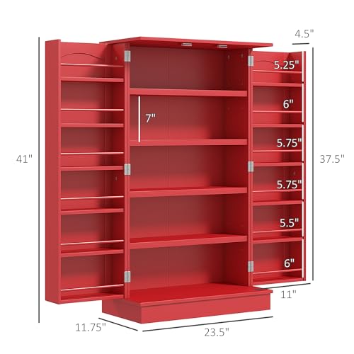 HOMCOM 41" Kitchen Pantry Storage Cabinet, Freestanding Kitchen Cabinet with 12 Door Shelves, Double Doors, 5-Tier Shelving and Adjustable Shelves, Red - color: Red, size: 41"H