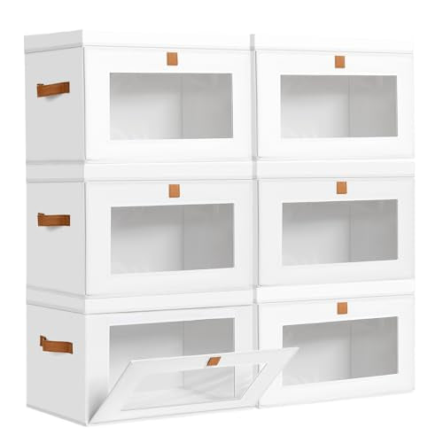 DIMJ Storage Bins with Lids - 6 Pack Large Fabric Closet Organizer with Window & Handles, Collapsible Decorative Storage Boxes for Shelves Under Bed, Books Clothes Blankets Sweaters Organization - color: White, size: Large-6 Pack