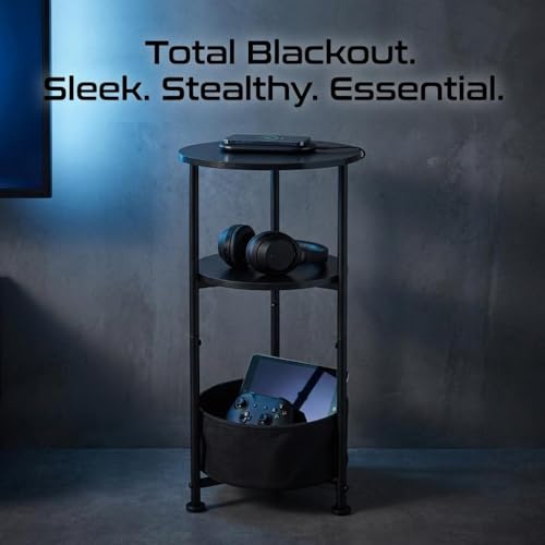 Small Round Side Table with Storage Basket, 3-Tier Narrow End Table Nightstand for Living Room Bedroom, 11.8" Diameter Modern Bedside Table for Small Spaces, Wood Grain & Metal Frame (Black) - color: Black