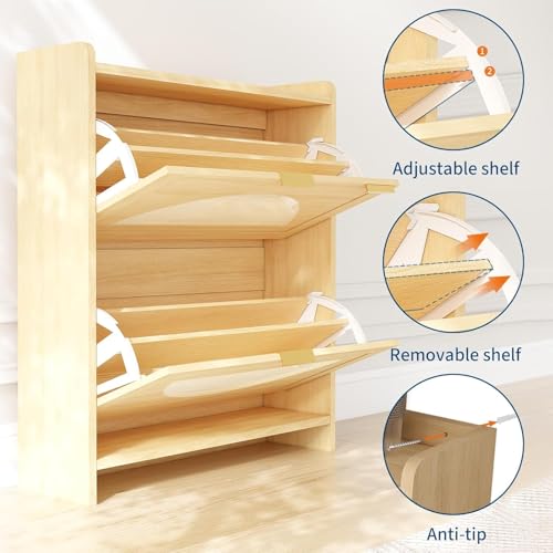 Patikuin Narrow Rattan Shoe Cabinet, 2 Semi-Circular Flip Doors Freestanding Shoe Storage Organizer, MDF Wooden Hidden Slim Shoe Rack for Entryway, Hallway, Foyer, Living Room - size: 2 Flip Drawers