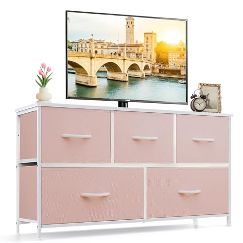 5-Drawer Dresser for Bedroom, Anti-Tip Wide Storage Organizer Fabric Chest of Drawers TV Stand for 45" TV with Wooden Top and Metal Frame for Closet, Living Room, Hallway, Entryway, Pink - color: Pink, size: 11.8"D x 39.4"W x 20.9"H (5 Drawers)