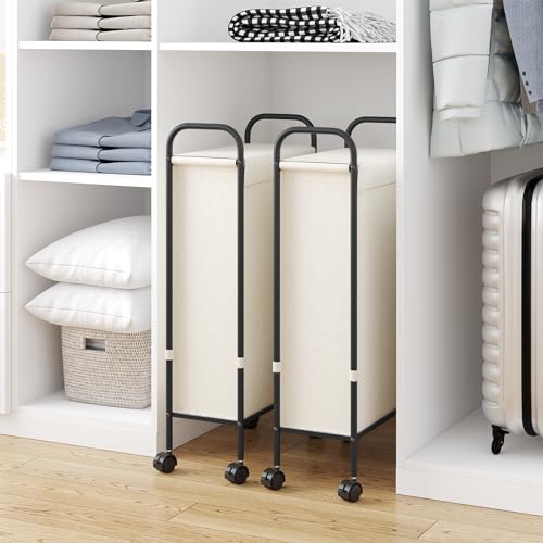 ELYKEN Slim Laundry Hamper with Lid, 50L Small Rolling Laundry Basket on Wheels, 7.9” Narrow Dirty Cloth Cart with Removable Inner Bag for Small Bathroom, Bedroom, Creamy - style: Creamy-50L