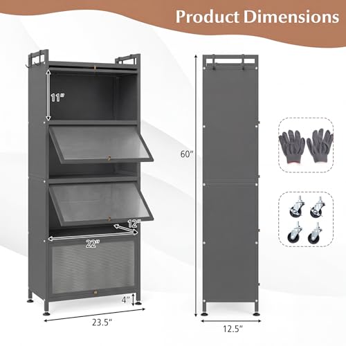 Giantex 5-Tier Kitchen Storage Cabinet, Mobile Microwave Stand with Flip-up PC Doors, Freestanding Kitchen Bakers Rack with 4 Rolling Casters, for Dining Room, Living Room and Study, Grey - color: Grey