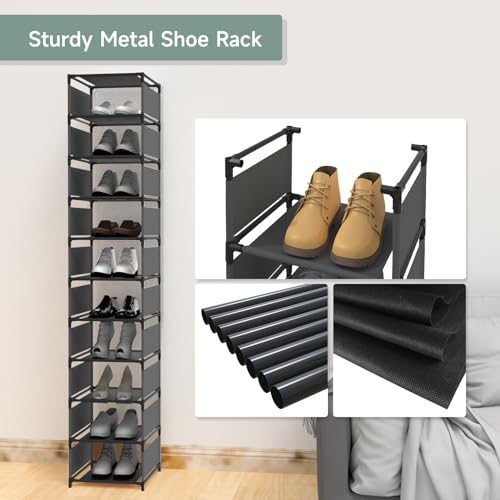 Vertical Shoe Rack, 10 Tier Narrow Shoe Rack for Closet & Entryway, Space Saving Tall Shoe Organizer for Small Spaces, Sturdy Metal Stackable Shoe Shelf Tower for Boots & Heels, Black - color: Black