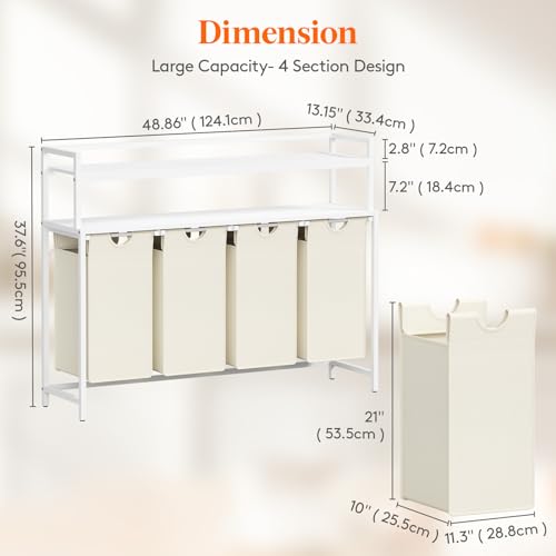 Lifewit Laundry Hamper 4 Section, 168L Pull out Laundry Clothes Basket Organizer with Large Top Shelf and 4 Removable Bags and Handles for Laundry Room Bedroom Bathroom, White with Shelves - color: White, style: Laundry hamper with shelves