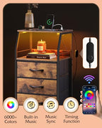 WLIVE LED Nightstand with Charging Station, Fabric Dresser with 5 Drawers for Bedroom, Tall Night Stand with Open Shelves, Bed Side Tables Living Room, Rustic Brown - color: Rustic Brown Wood Grain Print, size: 5 Drawers
