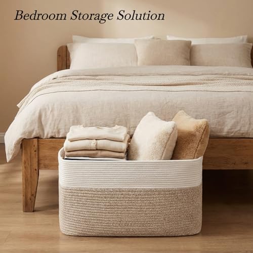 Optish 95L Large Blanket Basket, Woven Storage Baskets with Reinforced Handles, Rope Laundry Basket for Living Room, Bedroom, Nursery, Toys, Clothes,Pillows, 24” x 17” x 13.5”, White & Brown - color: White & Brown, size: 24" x 17" x 13.5"(95L)