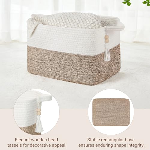 Mkono Woven Storage Basket, Cube Cotton Rope Basket for Shelves, Clothes, Toys, Towels, Books, Rectangle Bin with Handles for Organizing, Decorative Gift, 13'' x 10'' x 9'', Brown and White (1 Pack) - color: Brown and White