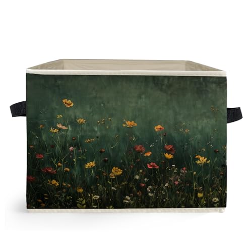 Dark Green Wildflower Storage Box Bins, Dark Cottagecore Floral Botanical Collapsible Storage Basket Organizer for Bedroom Laundry Room Home Clothes Toys Books, Toybox for Girls - color: Floral C