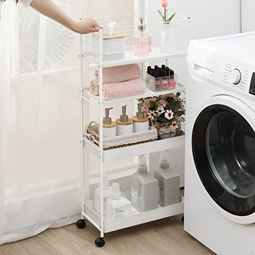 KINGRACK Slim Rolling Storage Cart 4 Tier - Heavy Duty Metal Utility Cart with Raised Edge & Wheels, Narrow Mobile Organizer Shelves for Bathroom, Kitchen, Laundry, Office, Living Room, White - color: White, size: 4-Tier