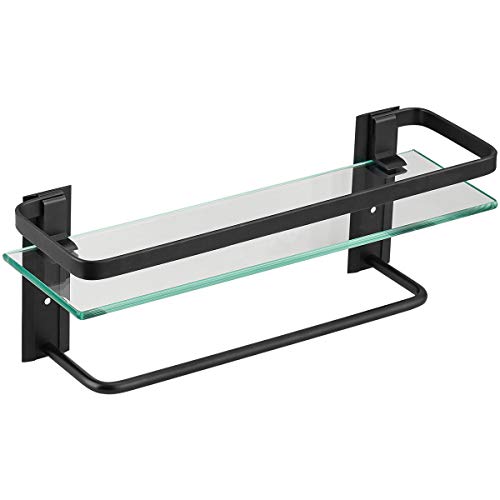 VOLPONE Bathroom Glass Shelf with Towel Bar Black Bathroom Shelf Wall Mount Rustproof Bathroom Wall Organizer Towel Rails1 Tier (Black) - style: 1 tier with towel bar black
