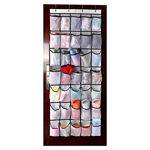28 Large Pockets Over The Door Shoe Organizer, Hanging Shoe Organizer for Closet, Premium Clear Shoe Rack for Door, Shoes Hanger Organizers Storage Holder for Back of Door and 4 Metal Hook White - color: White, size: 28 Pockets