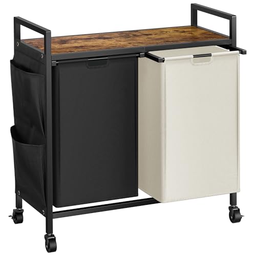 WOWLIVE Double Laundry Hamper with Lid,Rolling Laundry Basket Organizer with Wheels, Iron-Made Laundry Sorter with Top Shelf and 2 Removable Bags,Large Clothes Storage for Room,Black and Beige - color: Black and Beige, size: 110L (30.0 x 13 x 32 Inches)