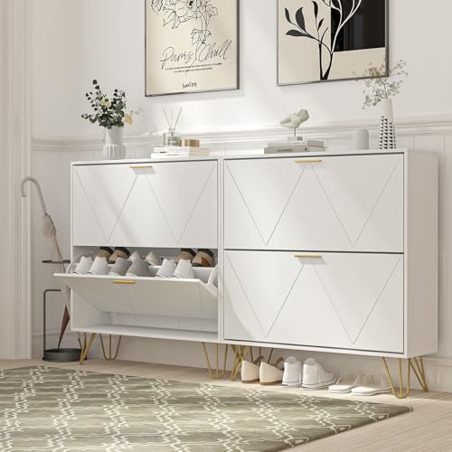 LYNSOM 2er Set Shoe Cabinet with 4 Flip Drawers, White Shoe Storage Cabinet, Slim Wooden Freestanding Shoe Rack, Shoe Organizer with Fluted Panel for Entryway Hallway - color: White, size: Set of 2