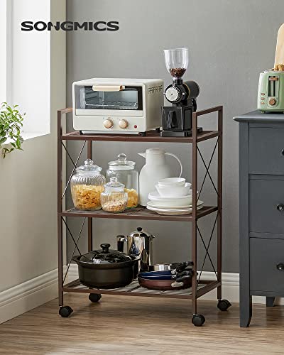 SONGMICS 3-Tier Metal Storage Rack with Wheels, Mesh Shelving Unit with X Side Frames, 23.6-Inch Width, for Entryway, Kitchen, Living Room, Bathroom, Industrial Style, Metallic Bronze UBSC163A01 - color: Metallic Bronze, size: 23.6"W