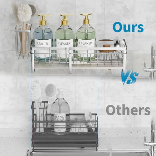 Aurblozen Extra Large Extendable Sponge Holder for Kitchen Sink, Rustproof Sink Caddy Organizer with High Brush Holder, Dish Soap Dispenser Organizers and Storage (Stainless Steel) - color: Stainless Steel