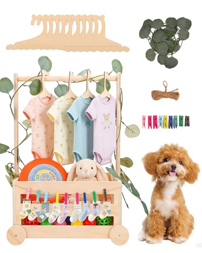 Wooden Dog Closet Pet Wardrobe Organizer, 20 x 13 x 9 Inch Pet Clothes Storage Crate with Hanging Rack, 10 Hangers, Rope & Clips for Dog Puppy Cat Toys Clothes Accessories