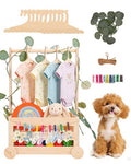 Wooden Dog Closet Pet Wardrobe Organizer, 20 x 13 x 9 Inch Pet Clothes Storage Crate with Hanging Rack, 10 Hangers, Rope & Clips for Dog Puppy Cat Toys Clothes Accessories