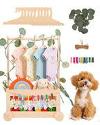 Wooden Dog Closet Pet Wardrobe Organizer, 20 x 13 x 9 Inch Pet Clothes Storage Crate with Hanging Rack, 10 Hangers, Rope & Clips for Dog Puppy Cat Toys Clothes Accessories