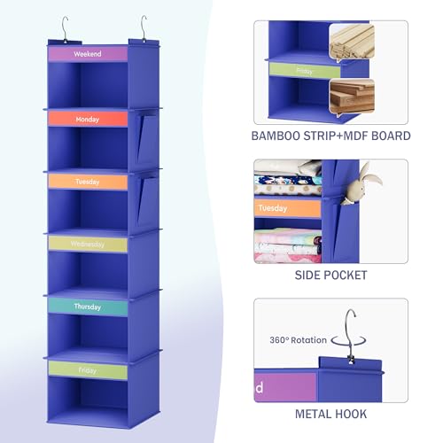 YOUDENOVA 6-Shelf Weekly Hanging Closet Organizer, Weekly Clothes Organizers for Kids with 2 Side Pockets, Blue - color: Blue