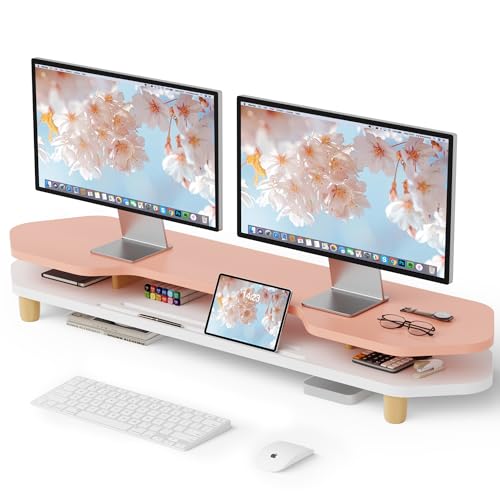 AFOOYO 2 Tier Dual Monitor Stand Riser,Wider Board Computer Monitor Stand for 2 Monitors,Slot For Phone/Tablet Office Desktop Organizer for Laptop,PC,Computer,Printer,Pink - color: Pink, size: 2 Tier