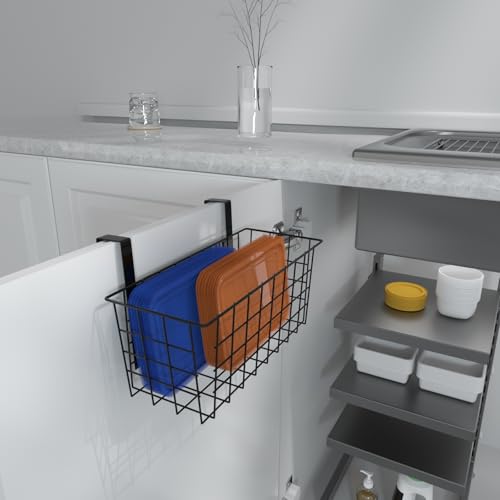 MaraFansie Basket with Hook, Grid Storage Basket, Over the Cabinet Door Organizer, Wire Hanging Basket with Hook Over the Railing, Under Sink Kitchen Cabinet, Pantry, Bathroom, Black, 4 Pack - color: Black, size: 4 PACK