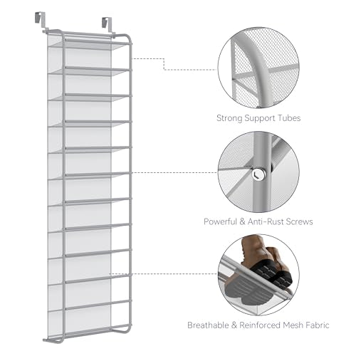 Whitmor 36 Pair Over The Door Shoe Organizer, 12 Tier Hanging Shoe Organizer, Heavy Duty Metal & Mesh Shoe Holder, Hanging Shoe Rack for Closet Organizer & Storage, 69"L x 21.7"W x 7.5"H, Grey - color: Grey, size: Shoe Rack