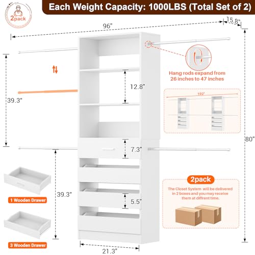 Aheaplus Closet System Set of 2, 4-9Ft Wood Closet Organizer with Drawers & Shelves, Closet Organizer System with 8 Hanging Rods, Walk-in Closets Organizer Wardrobe Closet Rack, White - color: White-2Sets