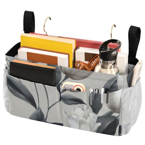 Bedside Caddy Metal Frame Hanging Organizer Bunk Bed Dorm Accessories Hook And Loop Storage Bag Large Pockets Light Grey Tulip Flowers - color: Light Grey Tulip Flowers