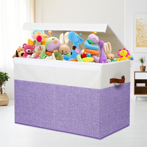 Large Toy Box with Lid, Sturdy Toy Storage Chest Bin Boxes Organizer Basket with Dividers for Toddlers, Kids, Boys, Girls, Nursery, Living Room, Bedroom, Playroom 25"x13" x16" (Purple and White) - color: Purple and White, size: 25"x13" x16"