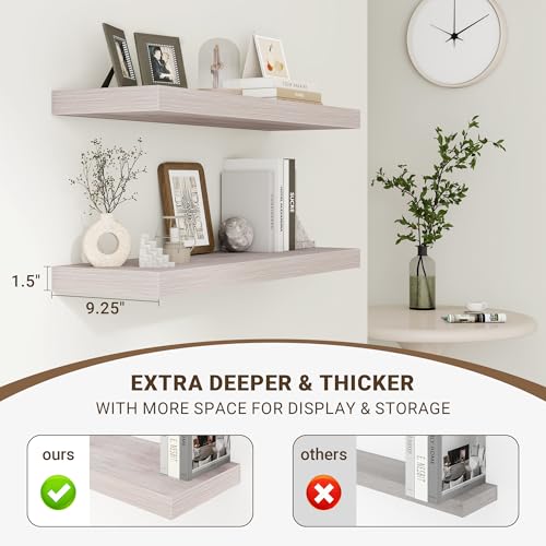 Acovy 24 Inch Floating Shelves, 3D Textured Wood Grain, 24"x9.25"x1.5" Inch Deep Floating Shelves for Wall, Wooden Shelves for Bathroom, Bedroom, Living Room, Washed White, 2 Pieces - color: Washed White, size: 24"x9.25"-2pcs