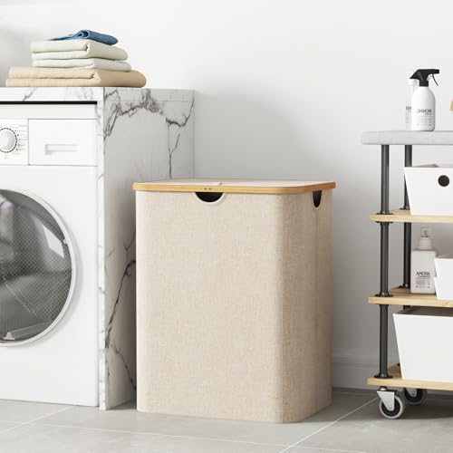 Lifewit 120L Laundry Basket with Lid, Clothes Hampers for Laundry with Bamboo Handles and 2 Removable Bag, Large Foldable Laundry Hamper for Bedroom, Bathroom, Dorm, Laundry Room, Beige - color: Beige, size: 120L
