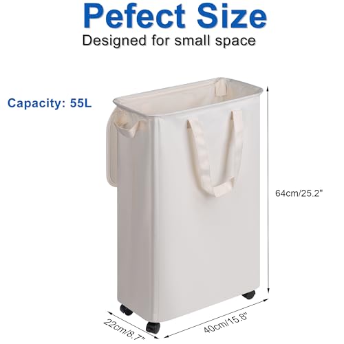 Vincona Slim Laundry Hamper with Lid and Wheels, Small Rolling Laundry Basket with Handle for Small Spaces, Tall Dirty Clothes Hampers for Dorm, Bathroom and Bedroom, 55L, Beige - color: Beige, size: 55L