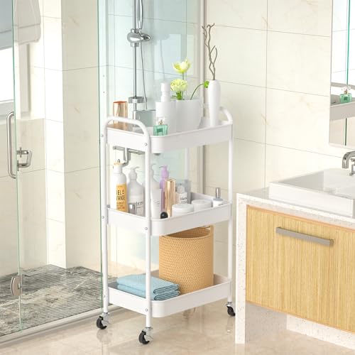 3-Tier Rolling Metal Storage Cart with Wheels, Multi-Functional Organizer for Office, Kitchen, Bathroom, Books Diapers - Easy Assembly (White) - color: White