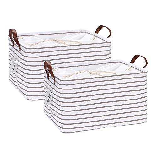 Hinwo 2-Pack Large Canvas Fabric Storage Baskets with Handles, 31L Rectangle Storage Bins, Collapsible Storage Box, Clothes, Toys, Blankets Organizers, 16.5 x 11.8 x 9.8 inches, (Grey Stripe) - color: Gray Stripe, size: 16.5" / 31L / 2-Pack