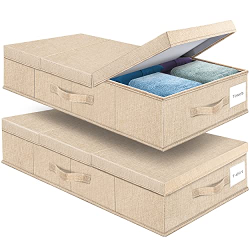 Supowin Underbed Storage Containers Bin with Lids (Set of 2) Large Under Bed Storage Organizer Box with Handle, Foldable Under the Storage Bags for Organizing Clothes, Shoes, Blankets, Pillows-Khaki - color: F-Khaki
